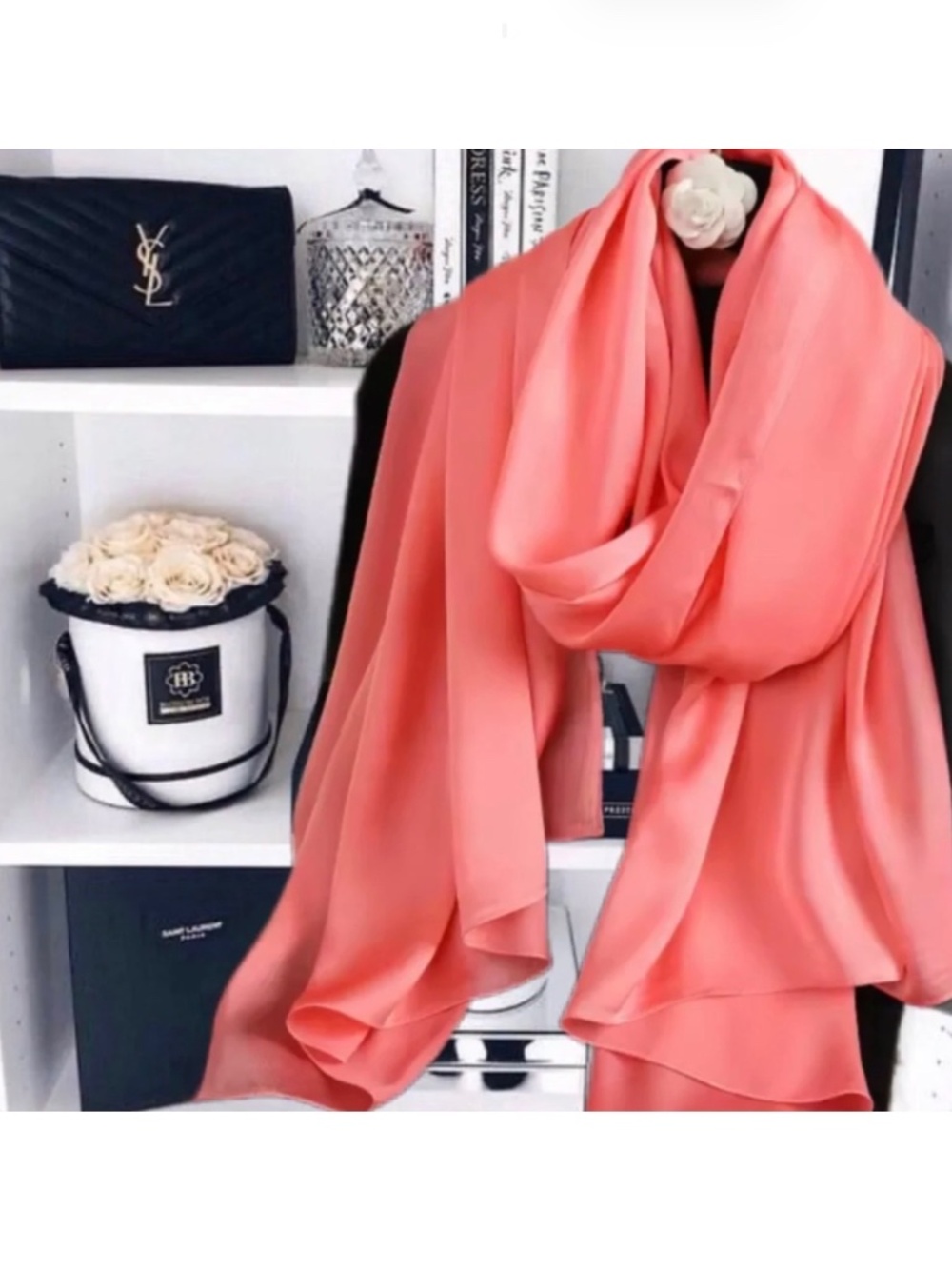 Coral Pink Red 100% SILK SATIN Large Shawl Scarf Wrap Wedding Bridesmaid CoverUp